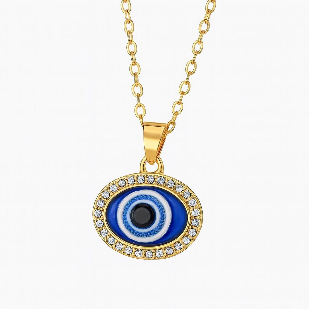 Blue Turkish Evil Eye Pendant Necklace – Rhinestone Accent ✨
